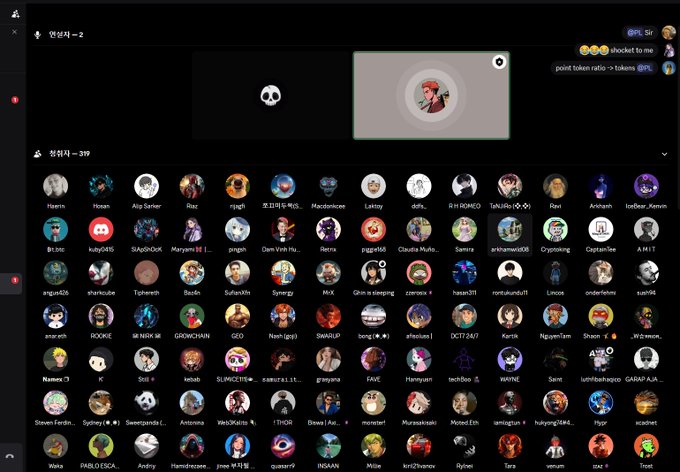 A dark-mode Discord server screenshot titled '엔돌피 - z' displaying a list of members in Korean with numerous colorful profile avatars and a chat showing BPL tokens and 'shocked to me' messages.