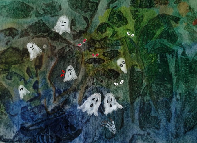 A painted artwork depicts several small white ghosts with spooky faces floating among dark green and blue foliage.