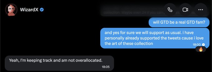A Facebook Messenger conversation with WizardX showing their messages discussing support for the GTD NFT collection, with WizardX confirming they will support it and stating "I'm keeping track and am not overallocated," relating to the post seeking opinions on NFTs aging well.