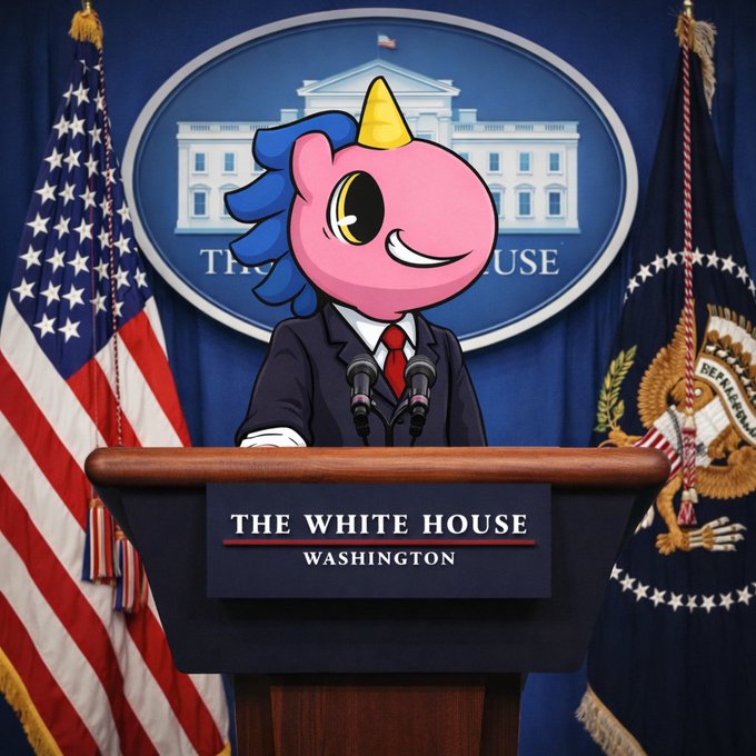 A cartoon pink unicorn character wearing a suit and red tie stands at 'The White House Washington' podium with American flags and the presidential seal behind it.