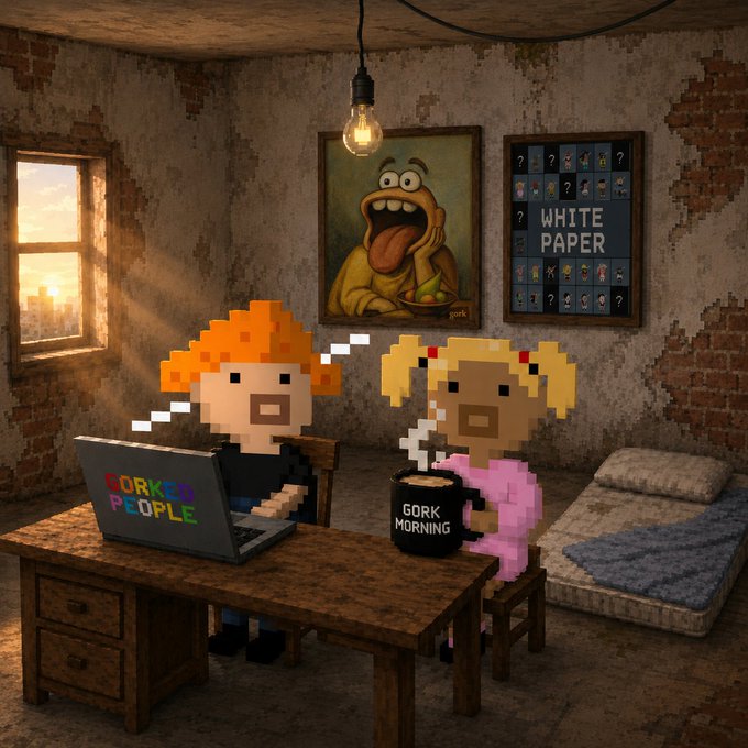 A pixel art meme showing a bearded man labeled 'WORKED PEOPLE' and a blonde girl in pink holding a 'GORK MORNING' mug, set in a run-down room with framed meme portraits on the wall.