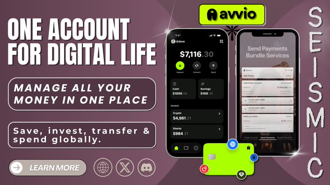 The image features an advertisement showcasing a new app called Avvio designed for digital life management. The main focus of the advertisement is the use of a single global account, which allows users to save money, invest, transfer funds, and monitor their daily spending from one place. There's also a small picture on the poster related to SeismicSys that highlights the importance of using mobile apps for efficient organization of financial matters in today's fast-paced world.