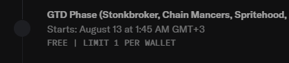 A dark promotional graphic announces the "GTD Phase/Stonkbroker, Chain Mancers, Spritehood," starting August 13 at 1:45 AM GMT+3, with "FREE | LIMIT 1 PER WALLET" displayed below. The image serves as a visual announcement for the GTD Phase mint, complementing the post's details about supply allocations for the Stonkbroker, Chain Mancers, and Spritehood collections.