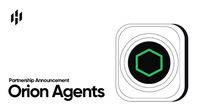 The image is a partnership announcement graphic featuring the Huostarter logo (top-left), the text "Partnership Announcement: Orion Agents," and a large icon on the right depicting a green hexagon inside concentric circles on a dark rounded-square background, visually representing the collaboration between Huostarter and Orion Agents for its Web 4.0 ecosystem.