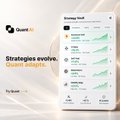 A promotional graphic for Quant AI featuring the tagline 'Strategies evolve. Quant adapts.' and a mobile app interface mockup.