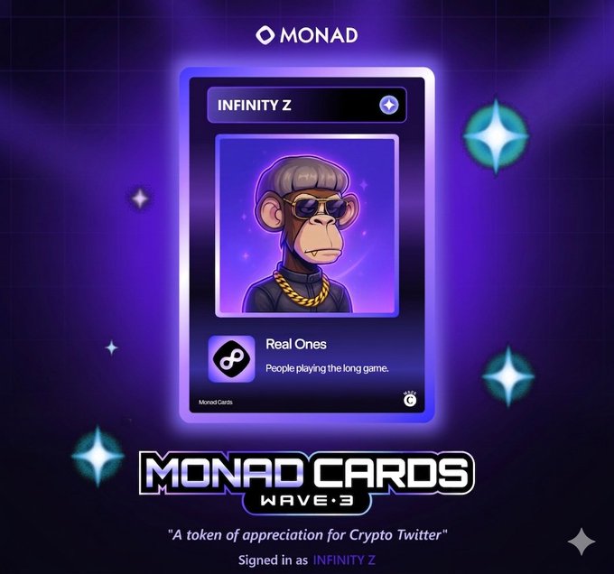Promotional graphic for Monad Cards Wave 3, featuring a cartoon monkey with sunglasses and gold chain in an 'INFINITY Z' card design, labeled 'Real Ones - People playing the long game' with text 'A token of appreciation for Crypto Twitter.'