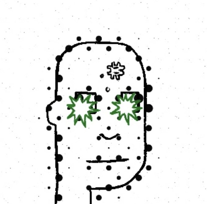 A simple black-and-white line drawing of a bald, round-headed face with a small nose and closed mouth, featuring green spiky bursts over the eyes and a small star shape on the forehead, with dots scattered around.