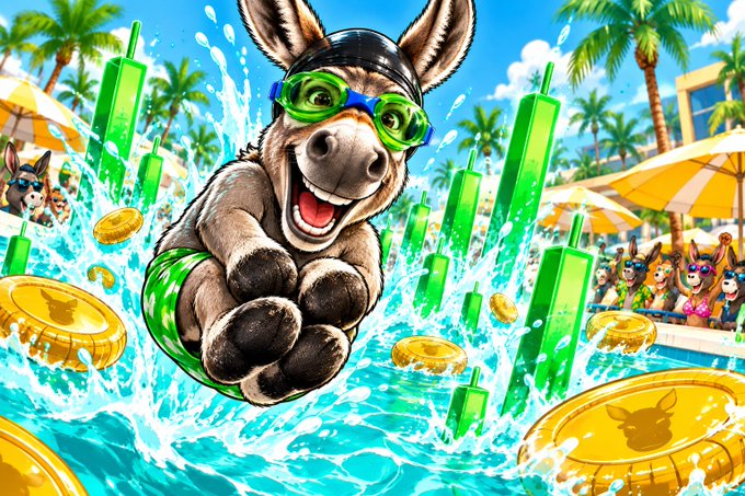 A vibrant digital illustration of a donkey wearing goggles and a swim cap, joyfully jumping into a pool filled with green popsicles and gold coins while other animals watch from the background.