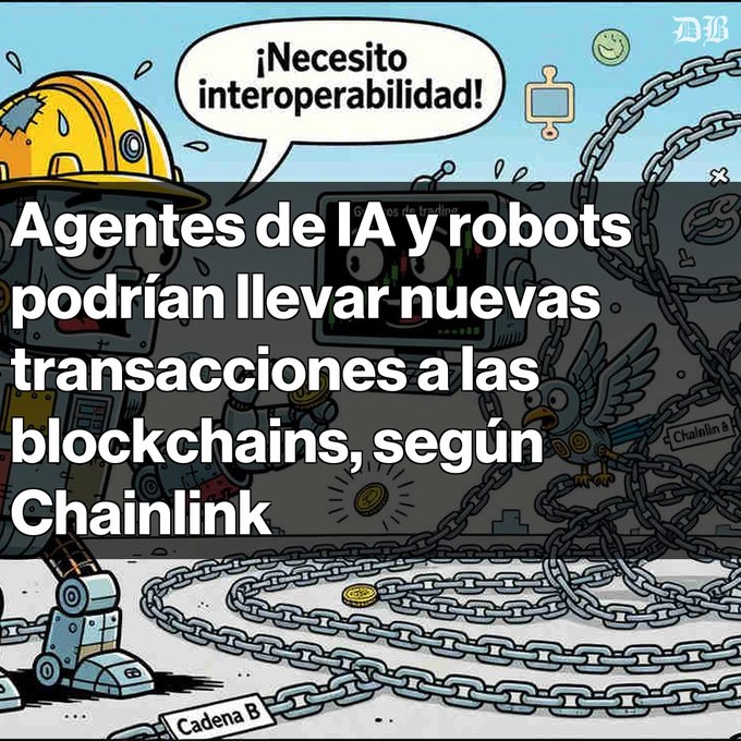 A Spanish-language news graphic from MB (Mercado Bitcoin) showing a cartoon construction worker saying "¡Necesito interoperabilidad!" with the headline "Agentes de IA y robots podrían llevar nuevas transacciones a las blockchains, según Chainlink".