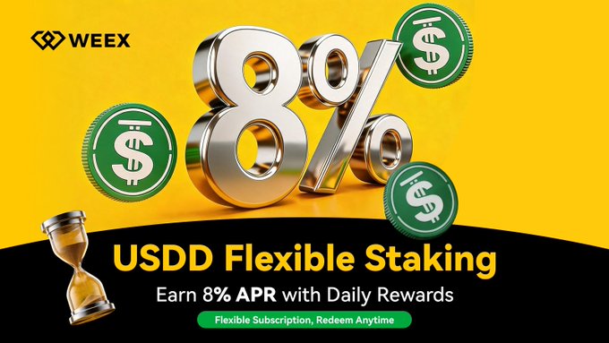 A promotional banner from WEEX advertising their new USDD Flexible Staking product, featuring a large 3D gold "8%" alongside green USDD coin icons and an hourglass symbol on a yellow background, with text highlighting up to 8% APR on USDD deposits with daily rewards and no lock-up period.