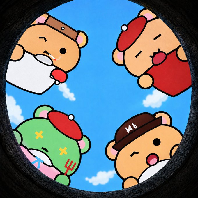 Four cartoon bear characters in various hats (a brown cap, red beret, green mask with X-eyes, and a "4L" beanie) are seen from a low-angle perspective through a circular frame, set against a blue sky with clouds. The illustration playfully personifies different crypto wallet addresses as cute bear avatars, matching the post's reference to "arc wallets."