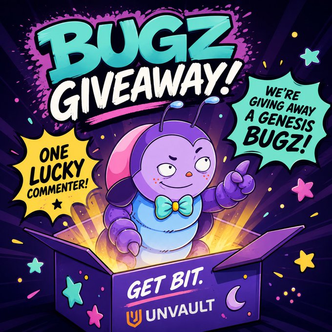 A vibrant cartoon ad for a "BUGZ GIVEAWAY!" features a purple bug mascot popping out of a glowing box, with text declaring "WE'RE GIVING AWAY A GENESIS BUGZ!" to "ONE LUCKY COMMENTER!" alongside "GET BIT" and "UNVAULT" branding. The image ties to the post by visually announcing the contest to airdrop a Genesis Bug NFT to a chosen commenter who explains why they want to "Get Bit."