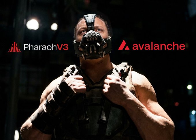 The image shows Bane from "The Dark Knight Rises" wearing his iconic mask, with the text "PharaohV3" and "avalanche" flanking him, juxtaposing his "born in the dark" line with cryptocurrency tickers $LHB and AVAX as a nod to the post's reference to being "born in" the red chain (AVAX's native token).