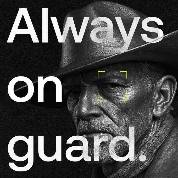 A black-and-white close-up of a weathered cowboy in a hat stares intensely, overlaid with the text "Always on guard." and a green targeting reticle over his eye, visually reinforcing the post's message about vigilant security in the crypto "Wild West."