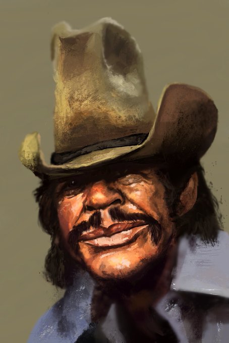 A painted portrait of a weathered man wearing a tan cowboy hat with long dark hair and a mustache, rendered in warm, painterly tones.