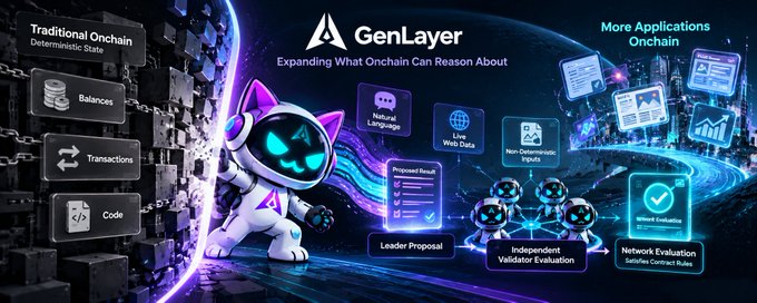 A promotional graphic for 'GenLayer' showing a transition from 'Traditional Onchain' (Balances, Transactions, Code) to 'More Applications Onchain' through Leader Proposal and Independent Validator Evaluation.