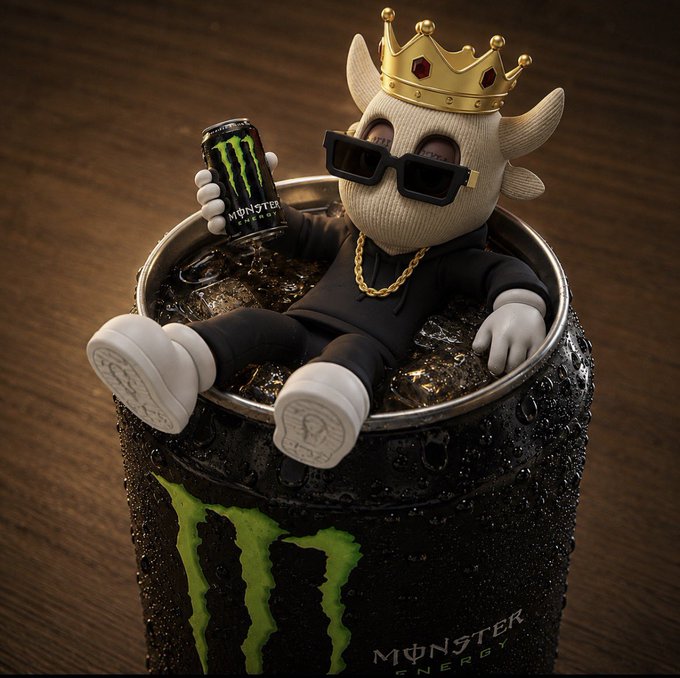 A 3D-rendered plush character wearing a gold crown, black sunglasses, and a gold chain reclines inside an ice-filled Monster Energy can, holding a can of Monster Energy drink.