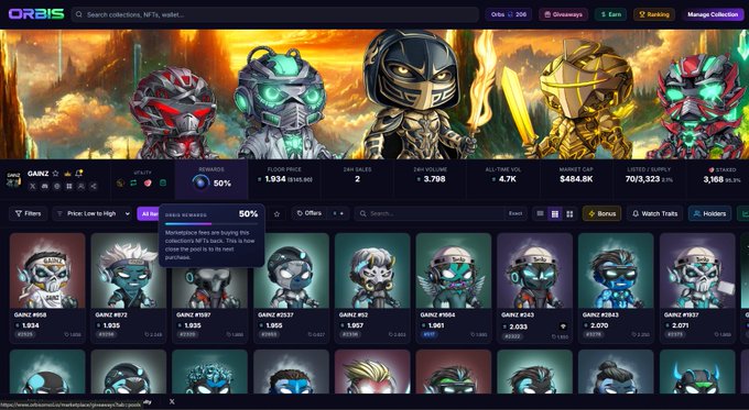 Screenshot of the ORBIS NFT marketplace interface displaying a collection of "GANZ" character avatars with a search notification showing a 50% rewards reduction.