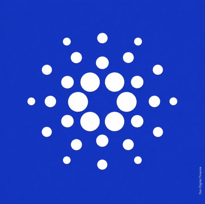 A digital logo for Don Digital Finance featuring a geometric pattern of white circles arranged in a diamond/snowflake shape on a solid blue background.
