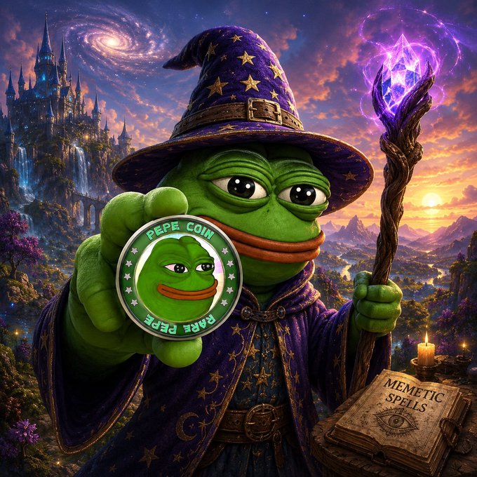 A digital artwork of Pepe the Frog dressed as a wizard in a purple starry robe and hat, holding a 'PEPE COIN RARE PEPE' coin and a staff with a glowing purple crystal, with a 'MEMETIC SPELLS' book nearby.