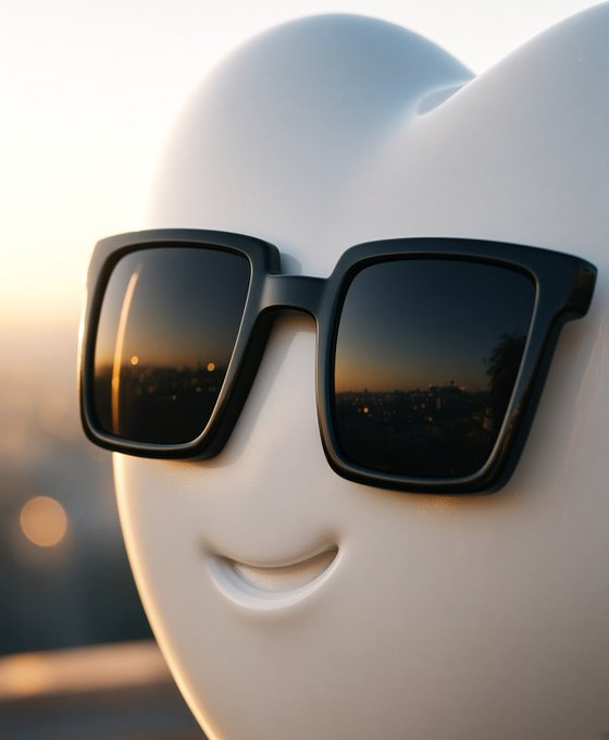 A sleek white ghost-like mascot with a subtle smile wears oversized black sunglasses reflecting a sunset cityscape, symbolizing the bold vision and rising trajectory of the REMUS community toward surpassing its competitor Cupsey. The aspirational reflection in the lenses reinforces the post's message of growth and ambition grounded in something meaningful beyond a meme.