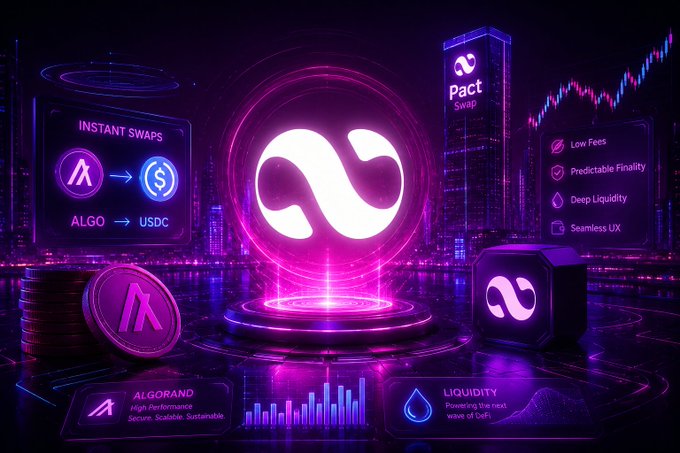 The image features a futuristic cityscape with buildings of various sizes, including one that appears to be made entirely out of coins. In the center of this city, there's a large white circle with a purple border, which has the word "Pact" written on it in black letters. Surrounding this central figure are several other coins and symbols related to cryptocurrency trading, such as a Bitcoin symbol and a Ripple symbol. The background is dark blue, giving the impression of a night sky or a futuristic cityscape. In the bottom right corner of the image, there's text that reads "Focus on what is in the image and how it relates to the post".