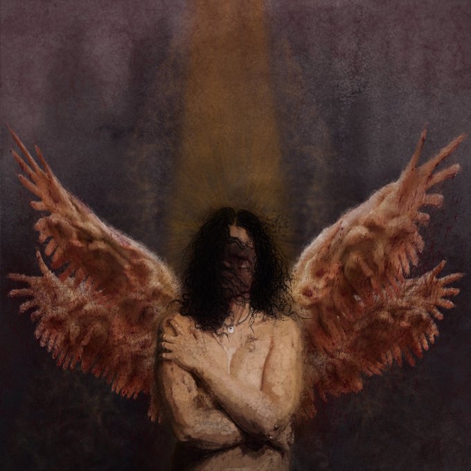 A dark, painterly artwork depicting a figure with long dark hair, arms crossed over their chest, and large blood-stained wings, with a golden beam of light shining down from above.
