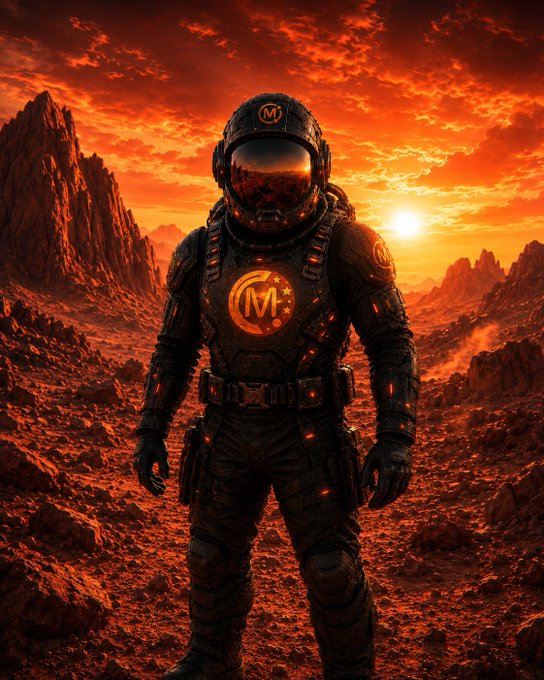 A futuristic astronaut in a black and orange spacesuit with an 'M' emblem stands on a rocky alien planet beneath a fiery red sunset sky.
