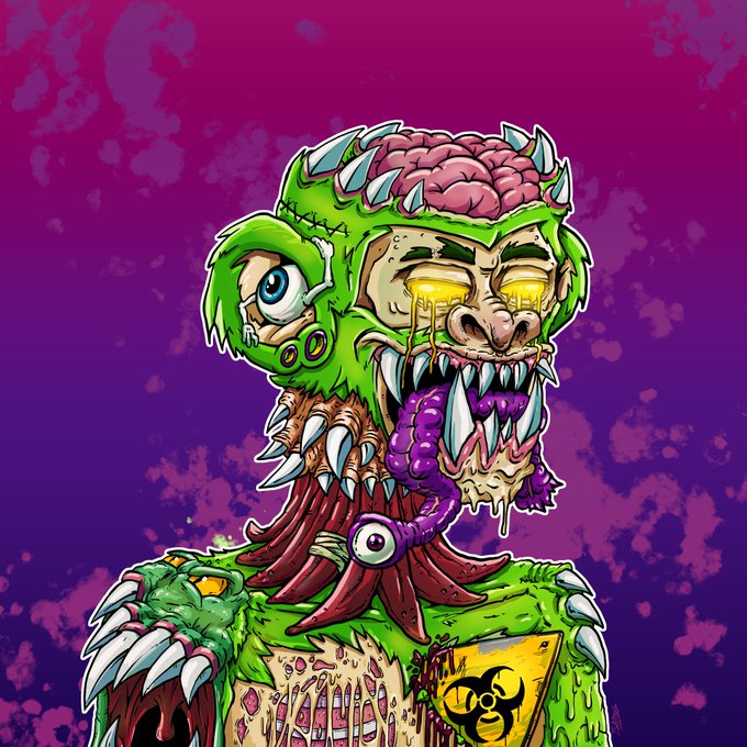 A grotesque, cartoonish monster illustration featuring green skin, exposed brains, sharp teeth, tentacles, and a radioactive symbol badge, set against a purple splattered background.