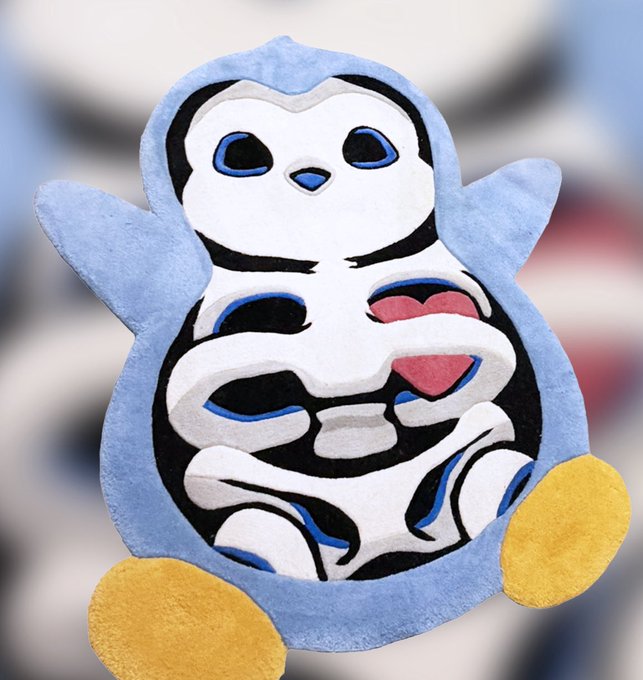 An illustration of a cute cartoon penguin character with a skeleton-like body design, wearing a blue hooded outfit with yellow feet.