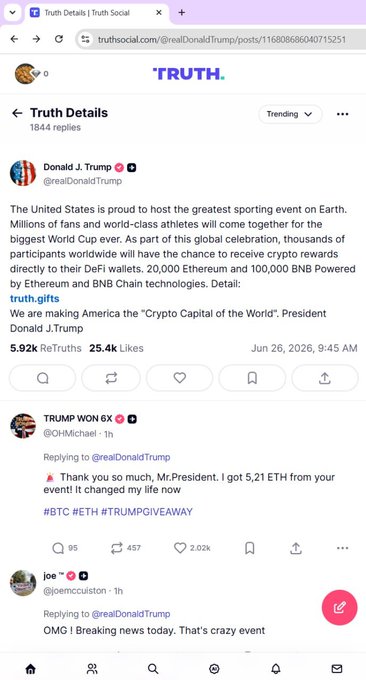 Truth Social post from @realDonaldTrump announcing the U.S. hosting the World Cup with crypto rewards including 20,000 Ethereum and 100,000 BNB to DeFi wallets, posted Jun 26, 2026.