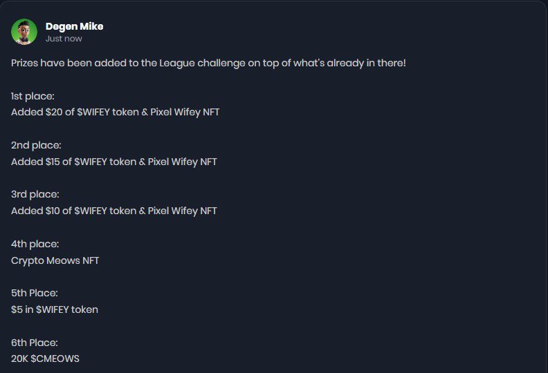 A Discord/social media post by 'Degen Mike' announcing added prizes for a League challenge with $WIFEY token & Pixel Wifoy NFT prizes for 1st-3rd place, Crypto Meows NFT for 4th, $5 $WIFEY for 5th, and 20K $CMEOWS for 6th.