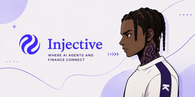 The image features an anime-style character with braided hair and a neck tattoo alongside the Injective logo and tagline "WHERE AI AGENTS AND FINANCE CONNECT," visually illustrating the post's concept about AI agents needing to interact with the economy through financial transactions like paying for data, APIs, and services.