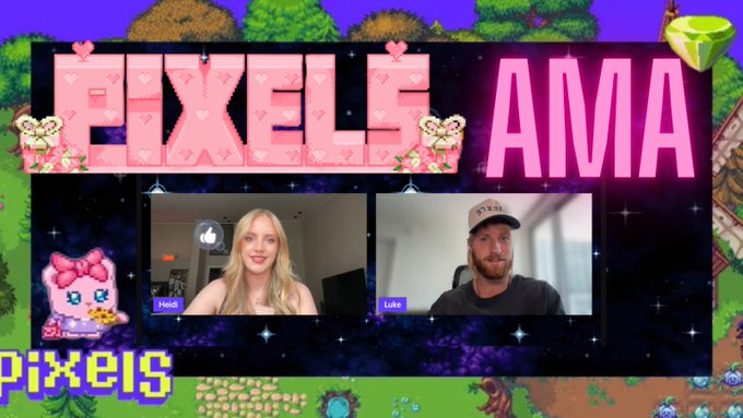 A video thumbnail or graphic titled 'PIXELS AMA' in pink pixel art features two webcam feeds labeled 'Heidi' and 'Luke' against a starry background, framed by a pixelated game-style border.