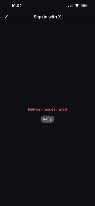 Mobile phone screenshot showing a 'Sign in with X' page with an error message 'Network request failed' and a 'Retry' button.