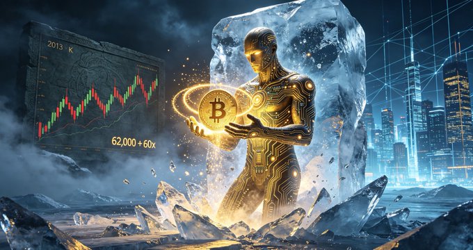 This futuristic image depicts a figure holding a Bitcoin, with a stone tablet showing a chart and "2013 - K 62,000 + 60x" in the background, representing the significant gains from an early Bitcoin investment.