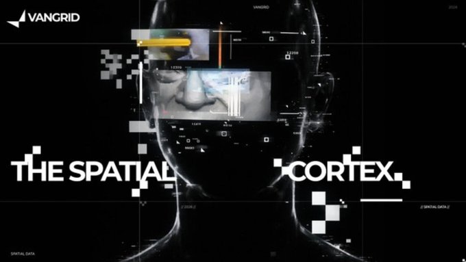 A futuristic black and white graphic featuring a glitching human head with digital overlays, accompanied by the text 'VANGRID', 'THE SPATIAL', and 'CORTEX'.