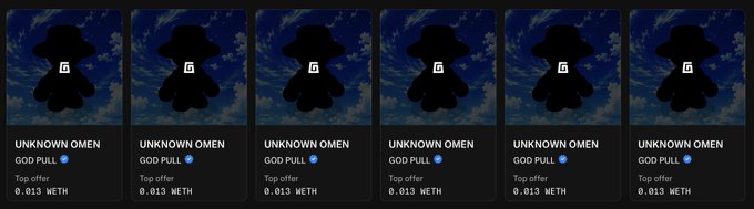 Six identical NFT cards labeled 'UNKNOWN OMEN' are displayed, each showing a silhouette and priced at 0.013 ETH.