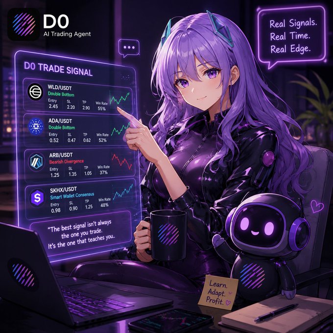 An anime-style purple-haired character presents a glowing "D0 TRADE SIGNAL" dashboard displaying trade setups for crypto pairs like WLD/USDT, ADA/USDT, ARB/USDT, and SKHX/USDT, alongside a small robot, with the caption tying into the post by visually representing how D0 delivers real-time trading signals directly to users, replacing manual chart-watching.