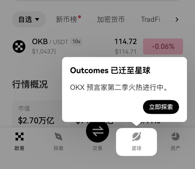 An OKX mobile app screenshot in Chinese showing the OKB/USDT trading pair at $114.72, with a popup notification stating 'Outcomes 已迁至星球' (Outcomes has moved to Xingqiu/Planet).