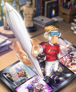 A 3D-rendered figurine of a cartoon monkey character with blonde hair, wearing goggles and a red shirt, holding a large white rocket, displayed in a collection setting.