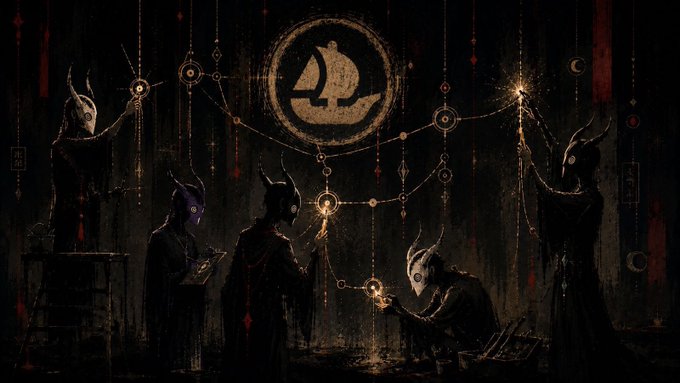 The image shows four strange men dressed up as angels with horns and faces in various positions across the frame, appearing to have horns or wings depending on their relative location within the scene. The background of the image features an intricate art print that includes a ship with an anchor at its center. A group of people appears to be holding candles with a golden design on them, possibly trying to extinguish something in the vicinity. There is also text indicating that this is part of a series and the mint date is 11th June at 2 PM UTC, emphasizing the importance and timing of the event depicted in the image. The post suggests that people should send their sheets in time for a GTD spot before the mint, which indicates an online gathering or event where these illustrations are shared.