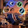 An illustration of a man in a suit surrounded by cryptocurrency logos including Solana and XRP.