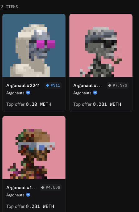 The image displays a digital collection of three pixel-art style NFTs from the "Argonauts" series, listed with their token numbers (#911, #7,979, and #4,559) and top offers in WETH. The post highlights these as a free mint and two floor purchases acquired during a post-mint dip.