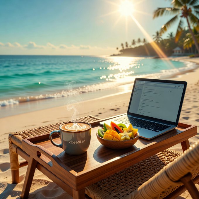 A tropical beach setup with a wooden table holding a laptop displaying what appears to be a chat interface, a latte with 'xbeast.io' on the cup, and a bowl of fresh fruit, with the ocean in the background.