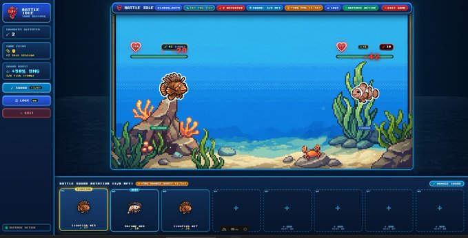 A screenshot of a pixel-art style mobile game interface titled 'BATTLE TRUE', depicting an underwater battle between a spiky creature and a clownfish above a team monitor showing clownfish characters.