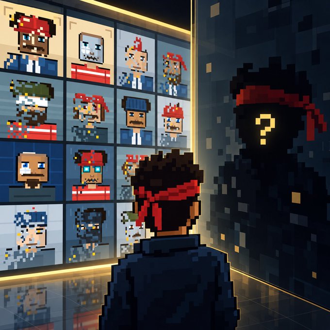 A pixel art scene showing a character with a red bandana looking at a wall of character portraits in mugshot-style frames, while a mysterious shadowy silhouette with a question mark on its face watches from a dark doorway.