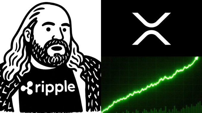 The image features a stylized illustration of a long-haired, bearded man wearing a "ripple" branded shirt on the left, while the right side displays the XRP logo and a green ascending price chart, visually reinforcing the post's claim of an imminent 25% XRP price surge.