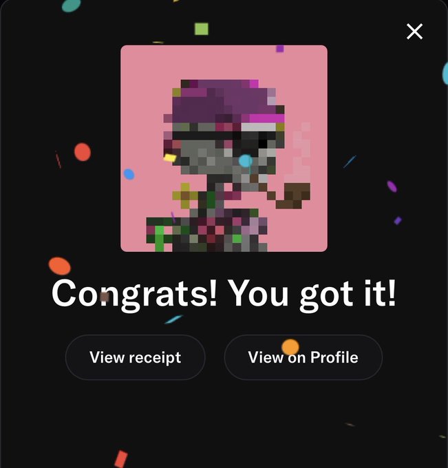 A dark-themed confirmation screen with confetti effects displays a pixelated purple character portrait with the message 'Congrats! You got it!' and two buttons labeled 'View receipt' and 'View on Profile'.