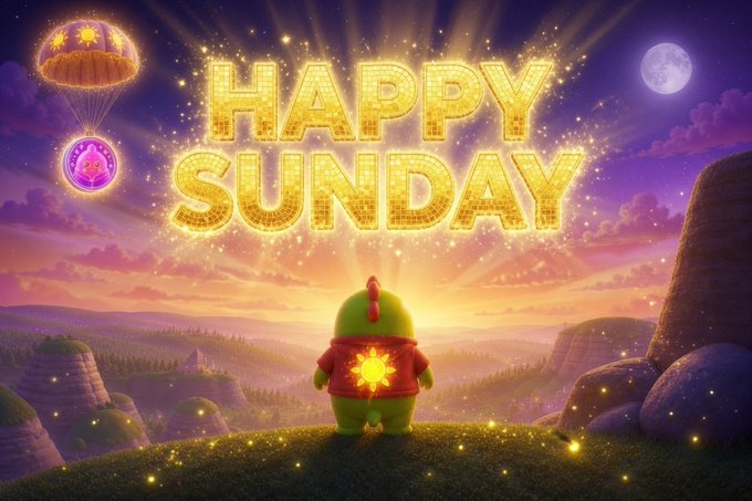 A colorful digital illustration of a green character with a red cape featuring a yellow sun emblem, looking out at a sunset landscape with glowing 'HAPPY SUNDAY' text, a moon, and a paraglider in the sky.